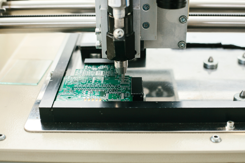 Automation of machine assembly of computer circuit board in the factory for the production of computer components. The process of soldering the board. Automation of machine assembly